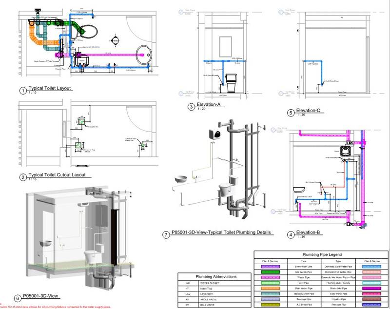 Detailed plumbing shop drawings generated from the coordinated BIM model